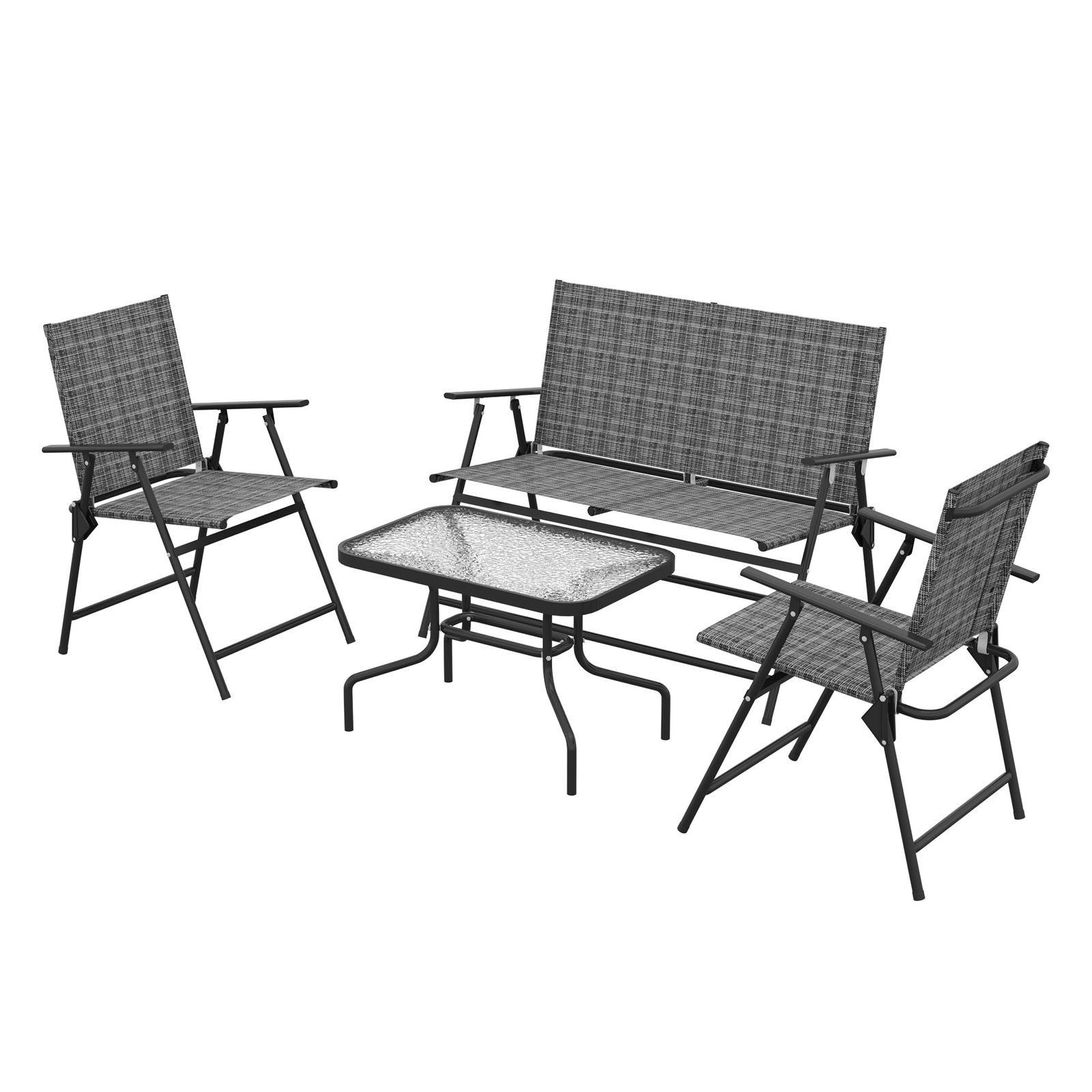 Outsunny Set de mobilier pentru exterior din 4 piese pentru terasa, Set de gradina cu doua fotolii pliabile, o canapea de doua persoane si masa cu blat din sticla, Gri mixt
