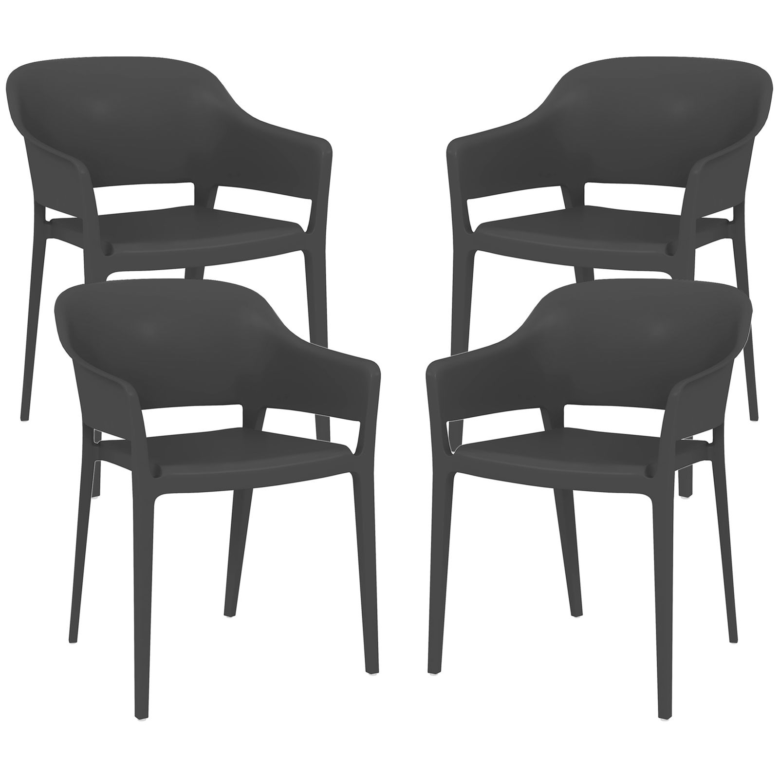 Outsunny Scaune De Gradina 4 Bucati, Scaune Stivuibile De Exterior Cu Spatar Inalt Si Cotiera, Scaune De Sufragerie Din PP Set De 4, Negru