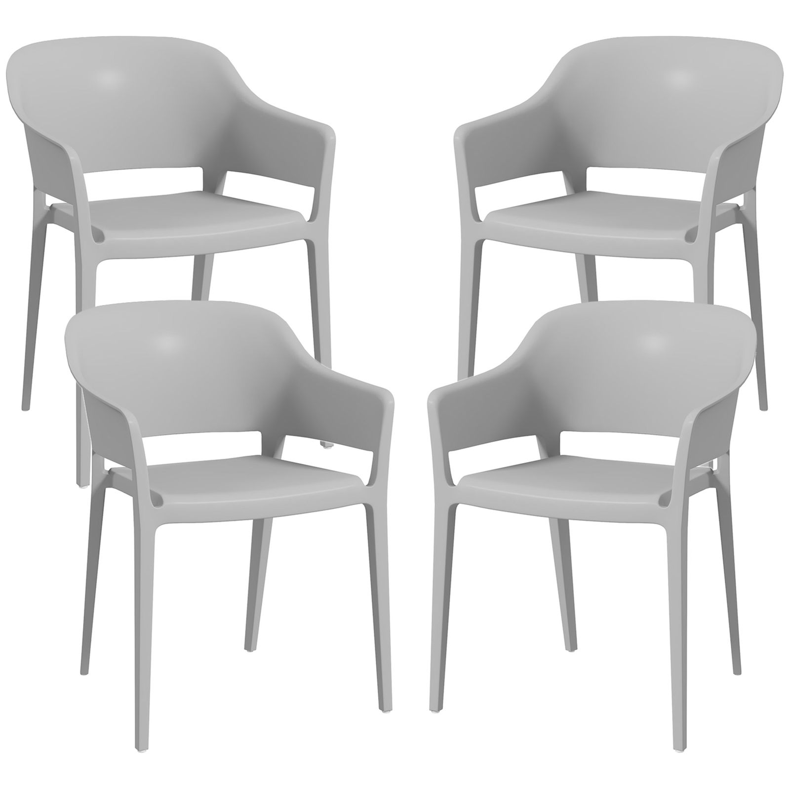 Outsunny Scaune De Gradina 4 Bucati, Scaune Stivuibile De Exterior Cu Spatar Inalt Si Cotiera, Scaun De Masa Din PP Set De 4, Gri