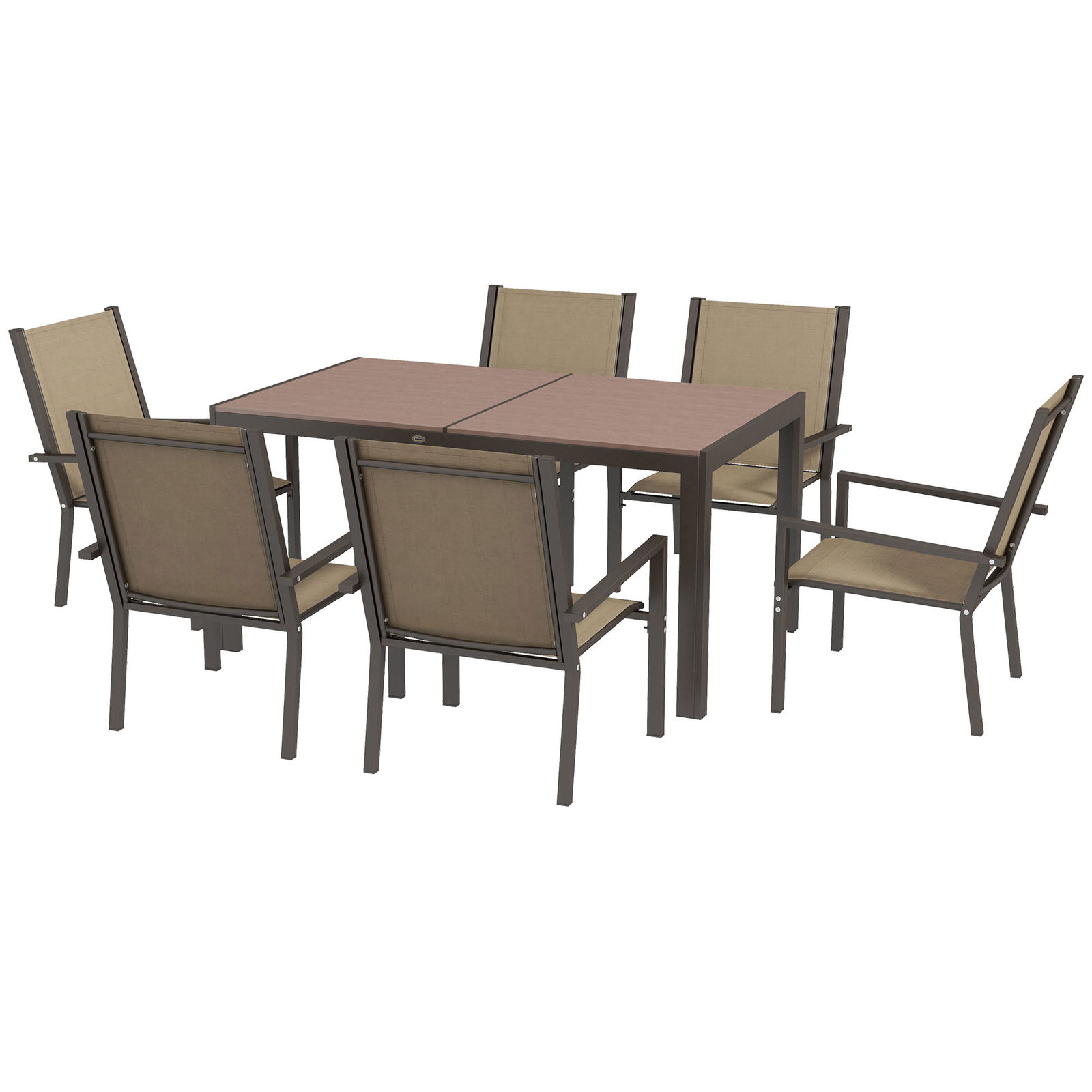 Outsunny Set de Masa de Gradina de 7 Piese cu Masa din Compozit din Lemn-Plastic, Masa de Exterior si 6 Fotolii Stivuibile cu Sezut si Spatar