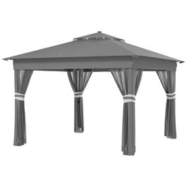Outsunny Foisor tip pop-up 3 x 3(m), 20 lumini LED alimentate de la soare, perdele, tesatura tip plasa, geanta cu roti, 4 saci de greutate, Cort cu inaltime reglabila pentru evenimente, Gri