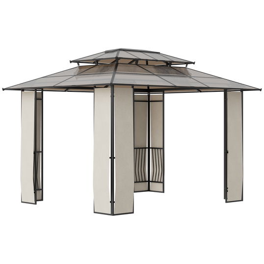 Outsunny Pavilion cu acoperis rigid din policarbonat 3.7 x 3 (m) Pergola din cadru metalic cu acoperis dublu pentru gradina, veranda, Maro