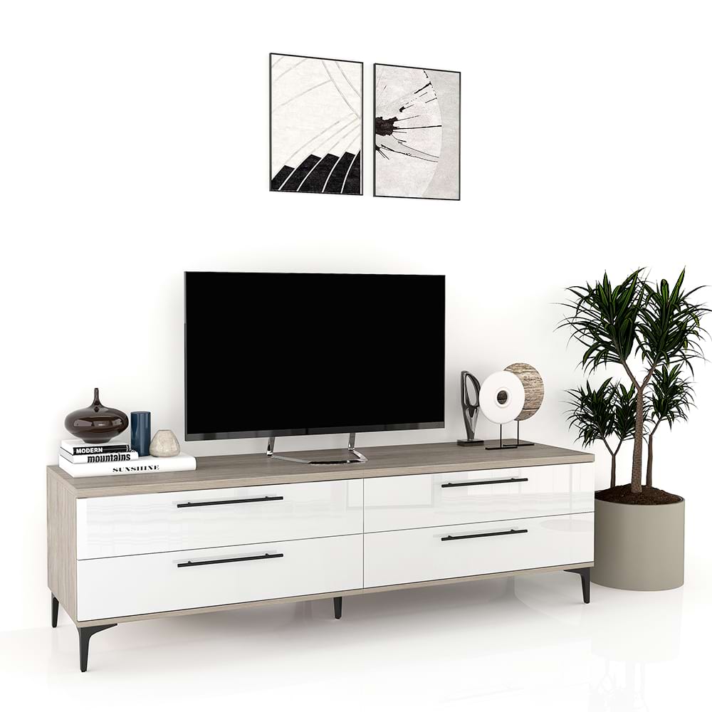 Comoda TV CUBO 180, 4 sertare, Italian, Oak, Alb Gloss