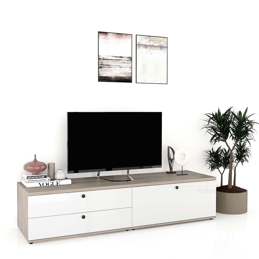 Comoda TV living CUBO 180, 1U, 2 sertare, Clasic, Oak, Alb Gloss