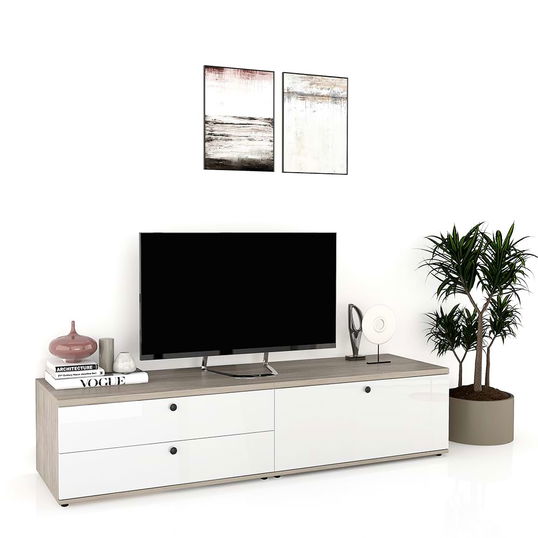 Comoda TV living CUBO 180, 1U, 2 sertare, Clasic, Oak, Alb Gloss