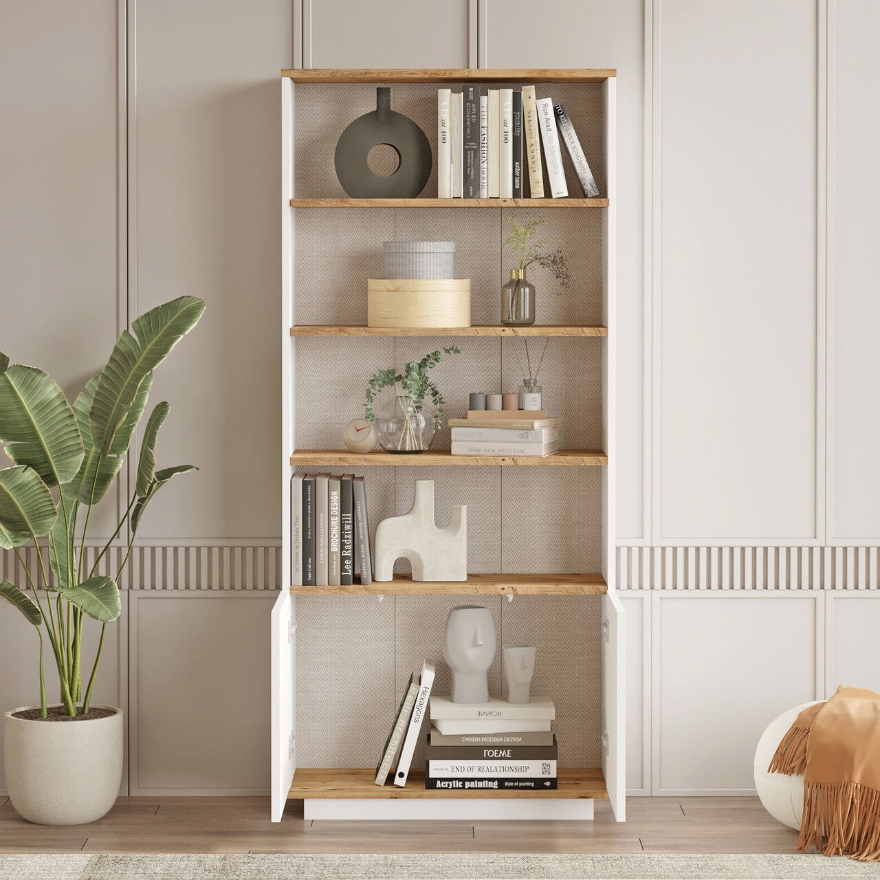 Biblioteca Yurudesign, 75.05x26.8x168.3 cm, PAL, alb/natur