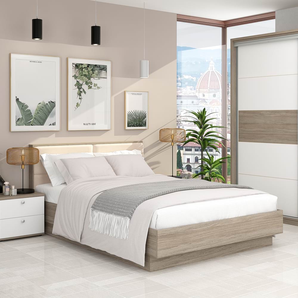Oferta Pat matrimonial PRIMAVERA, suport saltea, Oak, Catifea Bej