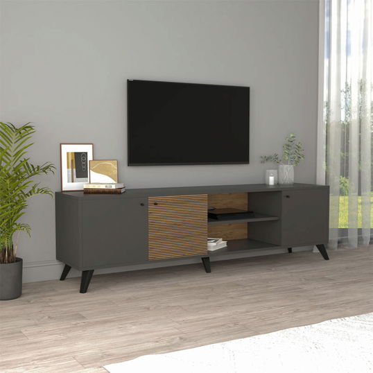 Comoda TV Flipter, Pakoworld, 180x40x51 cm, PAL melaminat, gri inchis/sonoma/negru