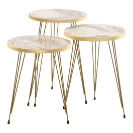 Set 3 masute de cafea Buena, Pakoworld, 33x33x52 cm, PAL/metal, gri inchis marmorat/auriu