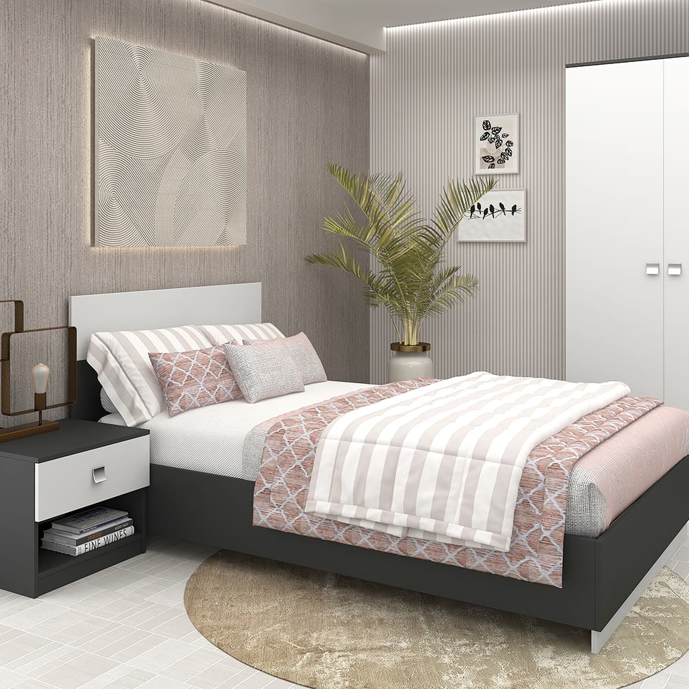 Dormitor complet LINEA 1, Antracit, Alb cu saltea inclusa