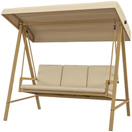 Outsunny Scaun Balansoar de Gradina cu 3 Locuri, Banca Hamac in Aer Liber cu Copertina Reglabila, Perne Detasabile si Cadru din Otel, Bej