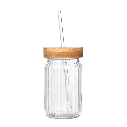 Pahar cu pai Zikkie, Homla, 450 ml, sticla/lemn, transparent/natur
