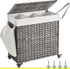 Cos de rufe tesut manual cu 3 compartimente, buzunar lateral si roti, Vasagle, 140 L, 66x36x60 cm, poliratan/metal/bumbac, gri
