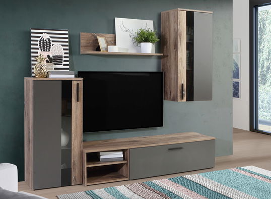 Set mobilier living 4 piese Dongen IV, 213x41.3x184 cm, PAL/plastic, stejar/gri