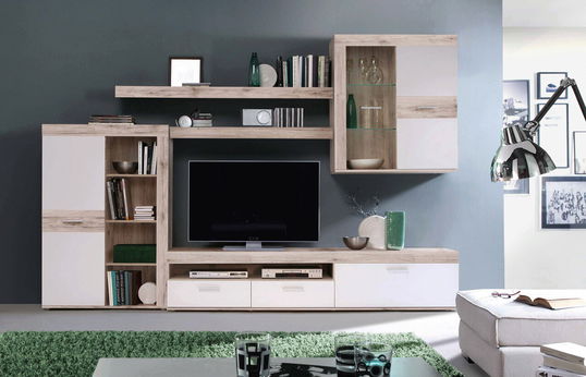 Set mobilier living 3 piese Reusel III, 300x38.3x200.9 cm, PAL/sticla/plastic, stejar/alb