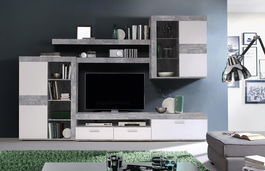Set mobilier living 4 piese Zeist IV, 300x41x200.9 cm, PAL/sticla/plastic, gri deschis/alb
