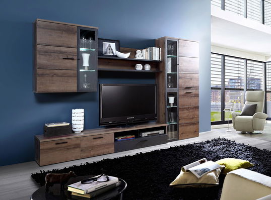 Set mobilier living 4 piese Delft IV, 296x51.8x202.8 cm, PAL/sticla/plastic, maro/negru