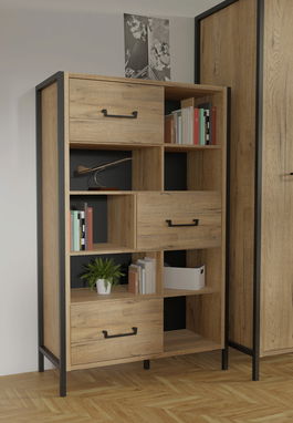 Dulap cu 3 sertare Oss III, 94x41.5x151.5 cm, PAL/metal, stejar/negru