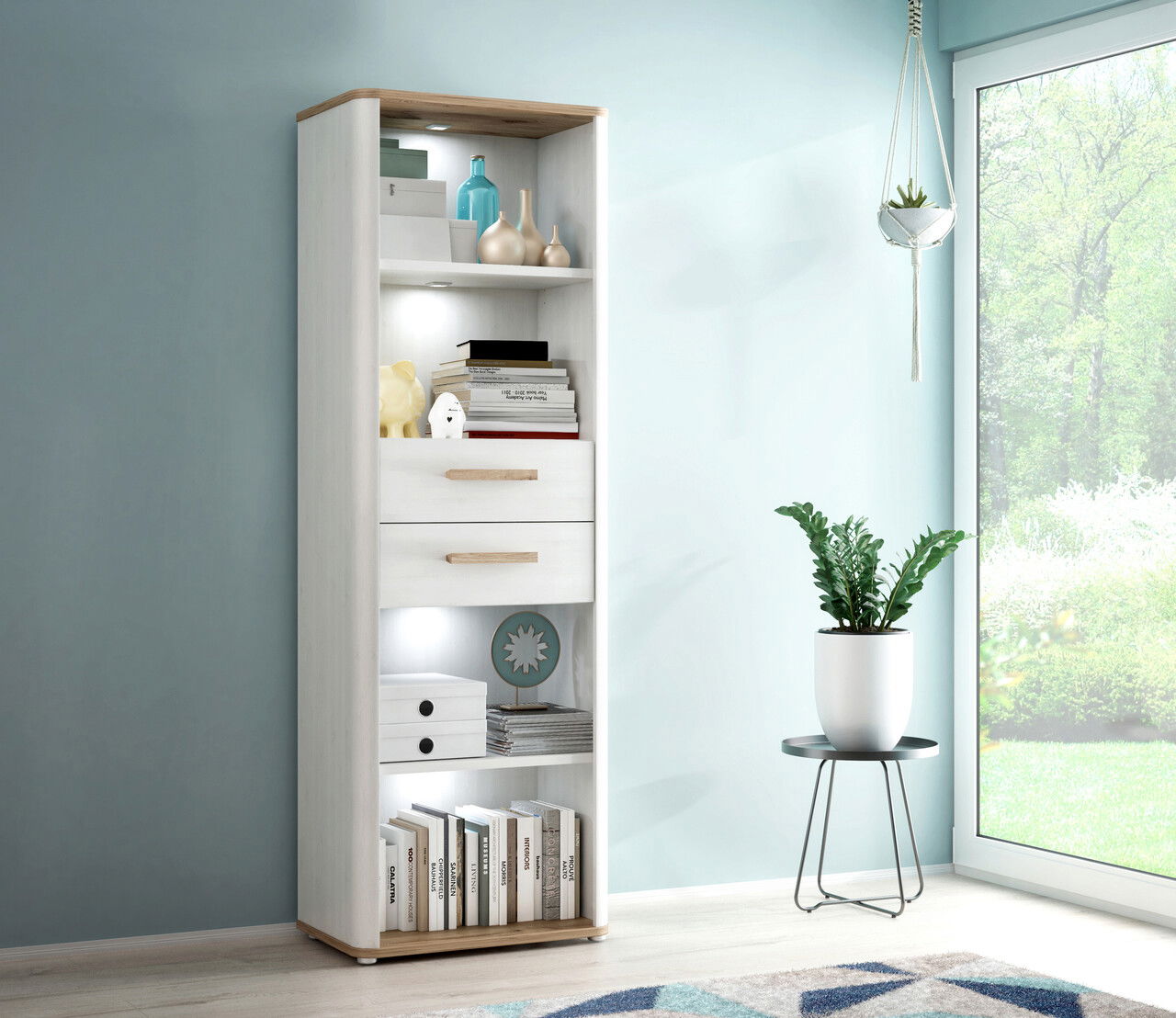 Dulap cu 2 sertare Oude II, 65.5x41.3x198.3 cm, PAL/MDF/lemn, alb/stejar