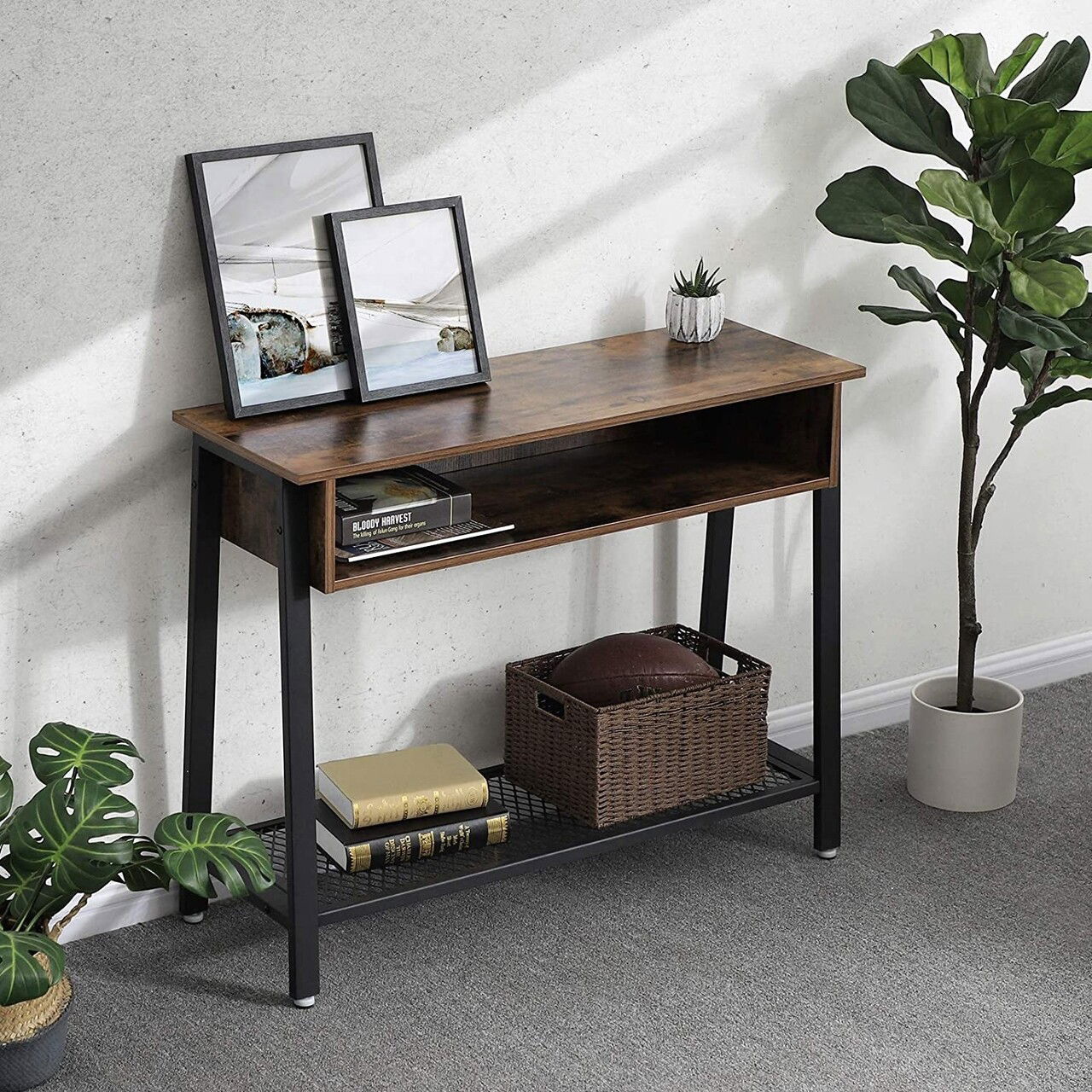 Consola Industrial, Vasagle, 100 x 35 x 80 cm, fier/PAL, maro rustic