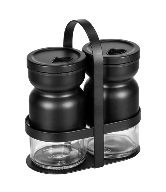 Set solnita/pipernita + suport, Wenko, Melli, 12 x 14 x 6 cm, sticla/metal, transparent/negru