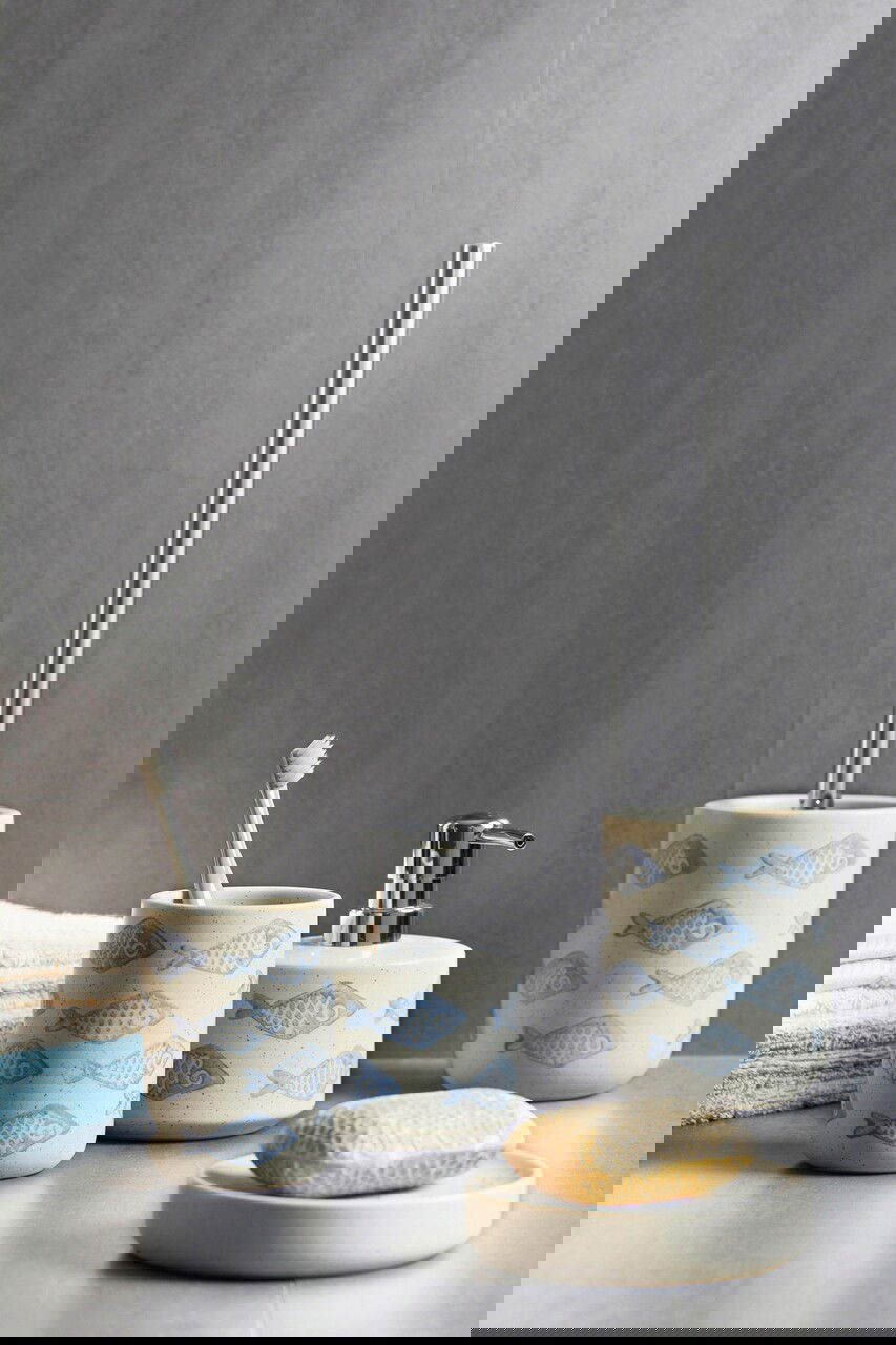 Perie pentru toaleta cu suport Aquamarin, Wenko, 10x40 cm, ceramica, bej/albastru