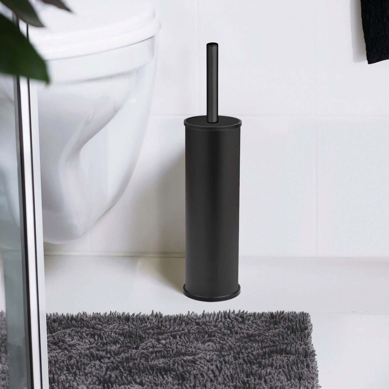 Perie pentru toaleta cu suport Olmedo, Wenko, 8.5x37 cm, inox, negru