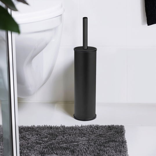 Perie pentru toaleta cu suport Olmedo, Wenko, 8.5x37 cm, inox, negru