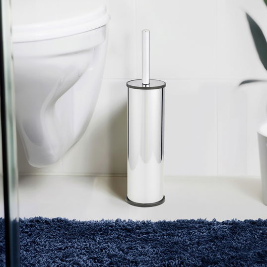 Perie pentru toaleta cu suport Olmedo, Wenko, 8.5x37 cm, inox, argintiu lucios