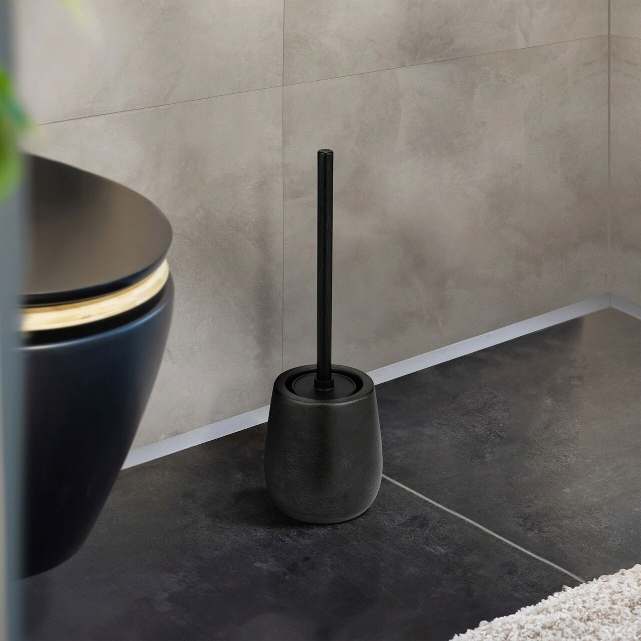 Perie pentru toaleta cu suport Nerno, Wenko, 10.5x39.5 cm, ceramica/inox, negru