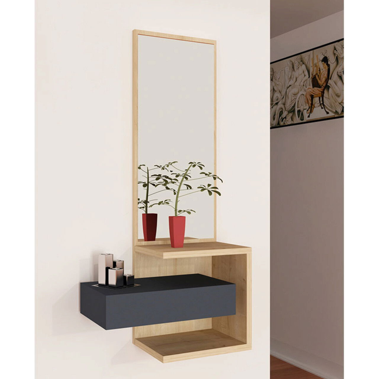 Consola Sabine, Pakoworld, 40x31.3x90 cm, PAL melaminat, natural/antracit