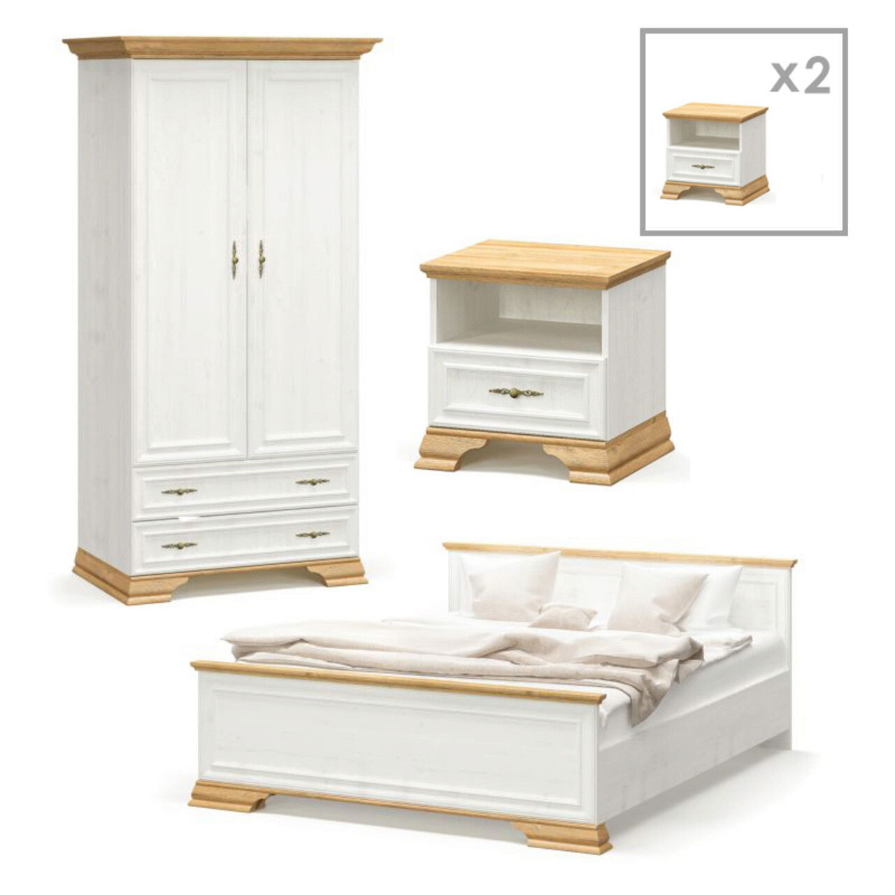 Set mobilier dormitor 4 piese Dreams 1, Pakoworld, pat 160x200 / dulap haine / noptiera, alb/maro