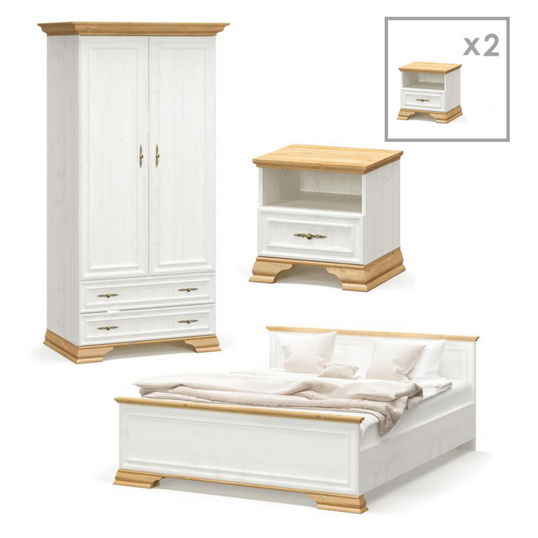 Set mobilier dormitor 4 piese Dreams 1, Pakoworld, pat 160x200 / dulap haine / noptiera, alb/maro