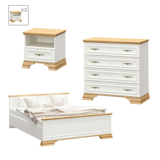 Set mobilier dormitor 4 piese Dreams 5, Pakoworld, pat 160x200 / comoda / noptiera, alb vintage/auriu maro