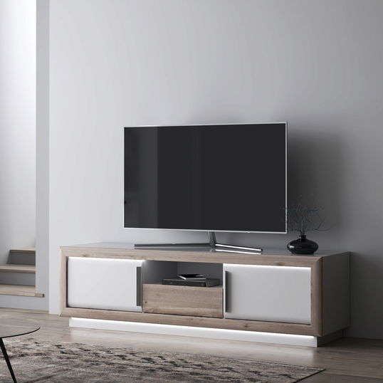 Comoda TV Brielle, Bedora, 193.4x53x54.8 cm, MDF/PAL/plastic, stejar/alb