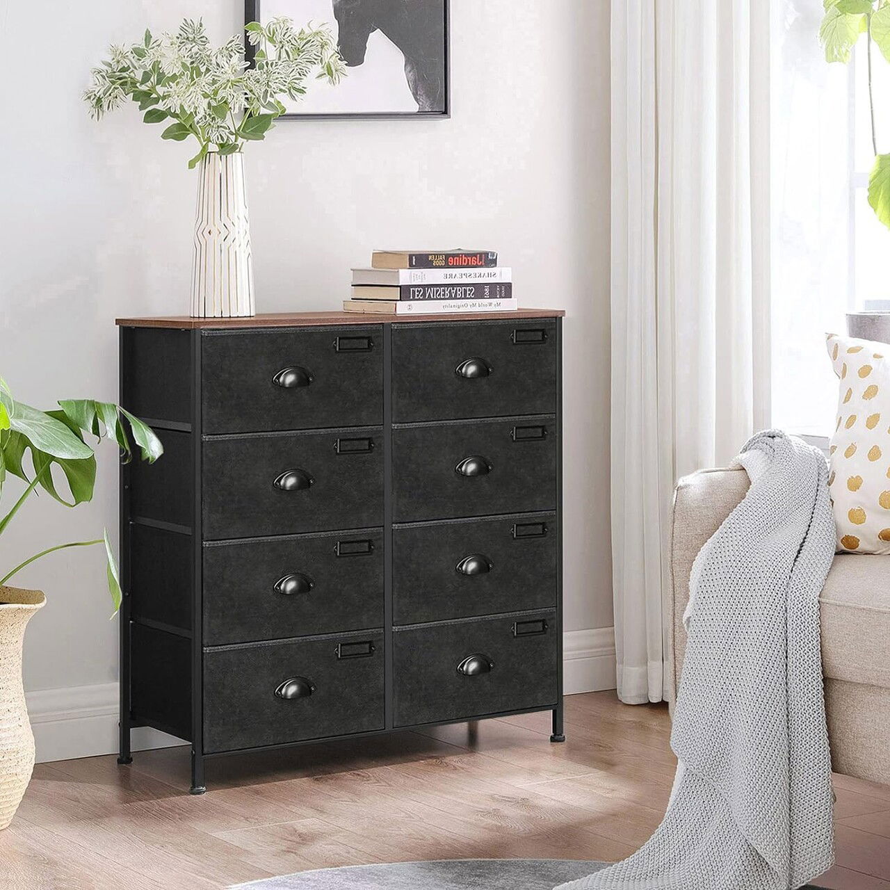 Comoda cu 8 sertare textile, Vasagle, 80x30x81.1 cm, MDF/piele intoarsa artificiala, maro/negru