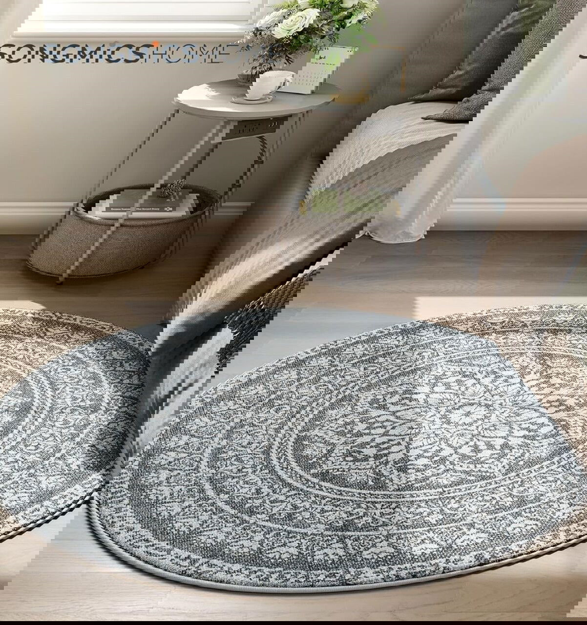 Covor antiderapant Vasagle Boho, D120 cm, lavabil la masina, poliester, gri carbune