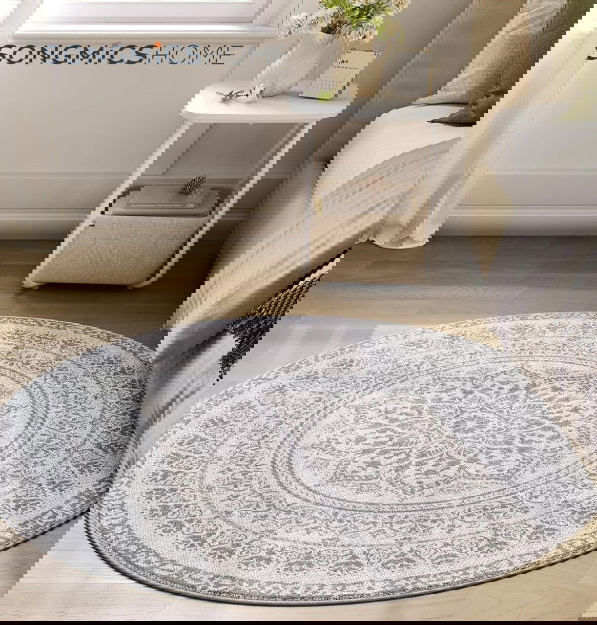 Covor antiderapant Vasagle Boho, D120 cm, lavabil la masina, poliester, gri dove