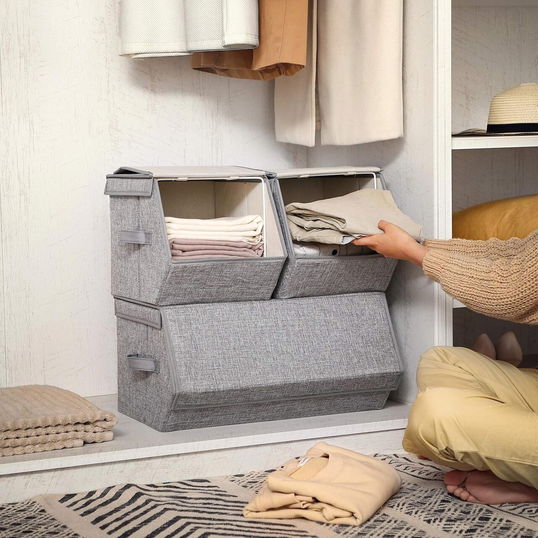 Set 3 cutii depozitare Vasagle, 25x35x25 cm/50x35x25 cm, textil cu aspect de in/fier, stivuibile, max 10 kg, gri