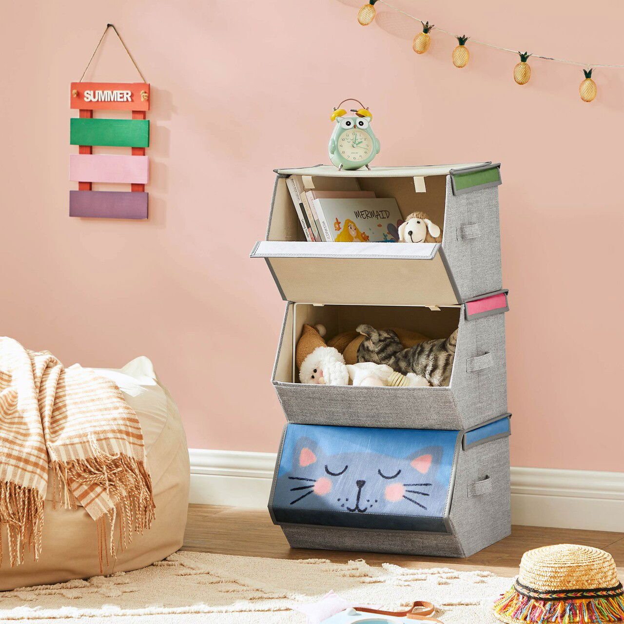 Set 3 cutii depozitare pentru copii Vasagle, capac magnetic, 38x25x35 cm, material netesut/metal, multicolor