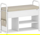 Bancheta cu pantofar si spatiu de depozitare, Vasagle, 80.6x30x62.5 cm, max 91 kg, otel/piele ecologica, alb