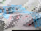 Lenjerie de pat dubla King Size, Victoria, Feodora, 6 piese, 240x260 cm, 100% bumbac satinat, albastru/maro