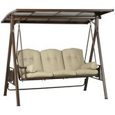 Outsunny Balansoar de Gradina 3 Locuri din Otel si Poliester cu Baldachin Rabatabil din PC si Perne pentru Spatar si Brate, 208x120x174 cm, Maro si Kaki | Aosom Romania