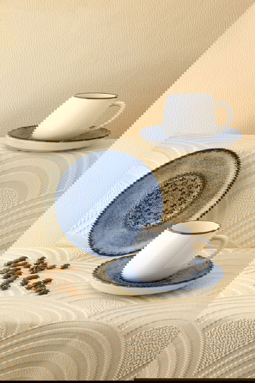 Set cesti de cafea, Noble Life, 721NBL3177, 100% PORCELAN / , Ceașcă de cafea: 90 cm (6 bucăți), Albastru/Alb