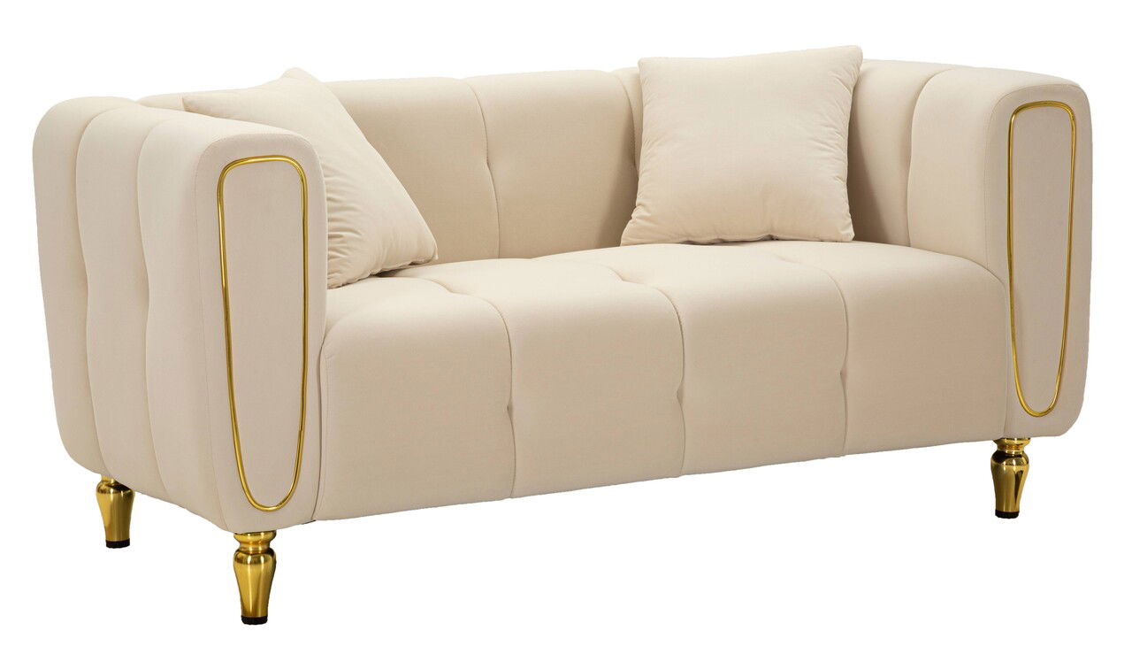 Canapea 2 locuri cu perne Alma, Mauro Ferretti, 155x81x71 cm, eucalipt/pin/catifea, crem/auriu