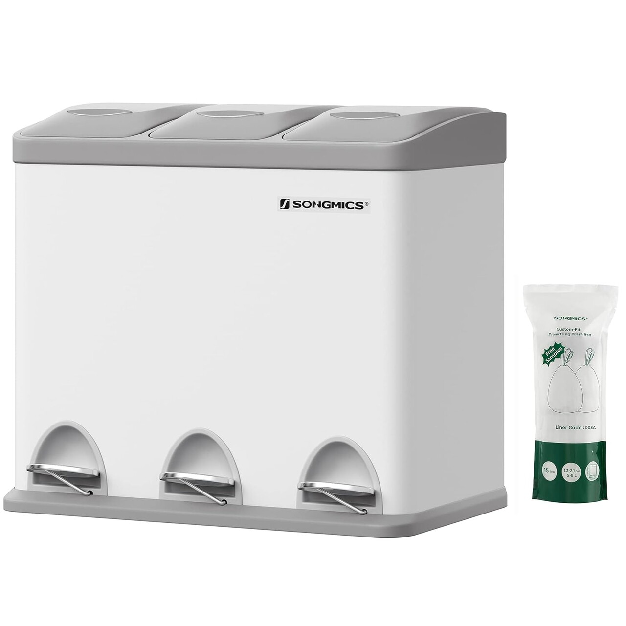 Cos de gunoi colectare selectiva / cos de reciclare 3 in 1, cu pedala, 3 x 8 L, otel/plastic, alb/gri