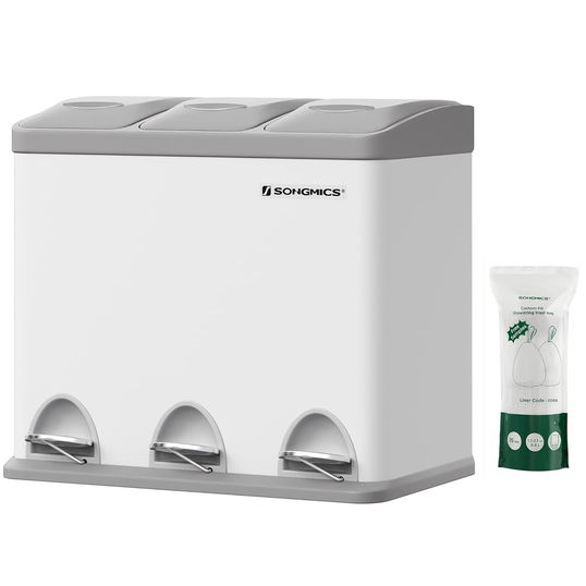 Cos de gunoi colectare selectiva / cos de reciclare 3 in 1, cu pedala, 3 x 8 L, otel/plastic, alb/gri