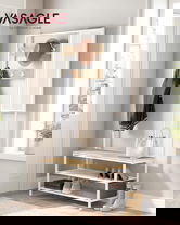 Cuier cu oglinda, bancheta si pantofar Modern Style, Vasagle, 98x35x180 cm, PAL/otel, alb/natural