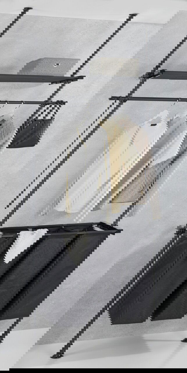 Suport 2 in 1 pentru umerase si cos pentru rufe Herkules, Wenko, 73-120x42.5x165-300 cm, metal/poliester, negru
