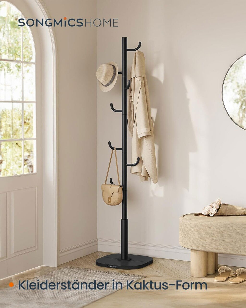 Cuier cu 8 agatatori Cactus, Vasagle, 40x40x175.3 cm, otel/MDF, negru